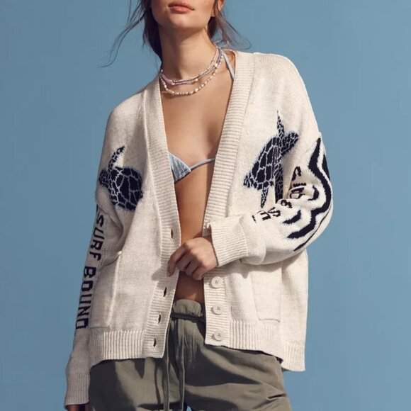 Anthropologie Pilcro Sea Turtle Cardigan Sweater Surf Bound Nautical Size 2X NWT - Picture 4 of 11